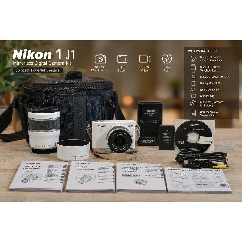 Nikon 1 J1 Mirrorless Digital Camera Kit White 10-30mm and 30-110mm Lenses Bag